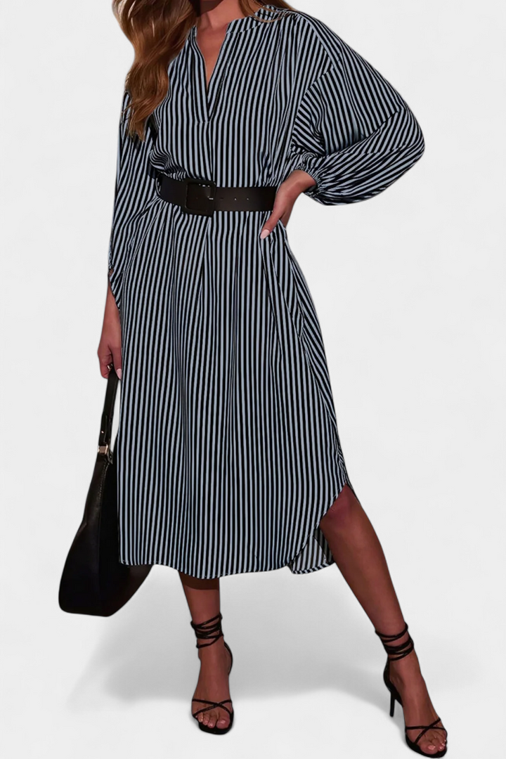 Eliana Vestido Rayado con Cinturón y Cuello de Muesca