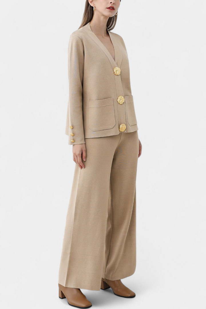 Aireen Conjunto de Punto con Cárdigan y Pantalón de Pierna Ancha