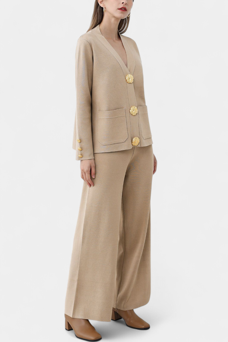 Aireen Conjunto de Punto con Cárdigan y Pantalón de Pierna Ancha