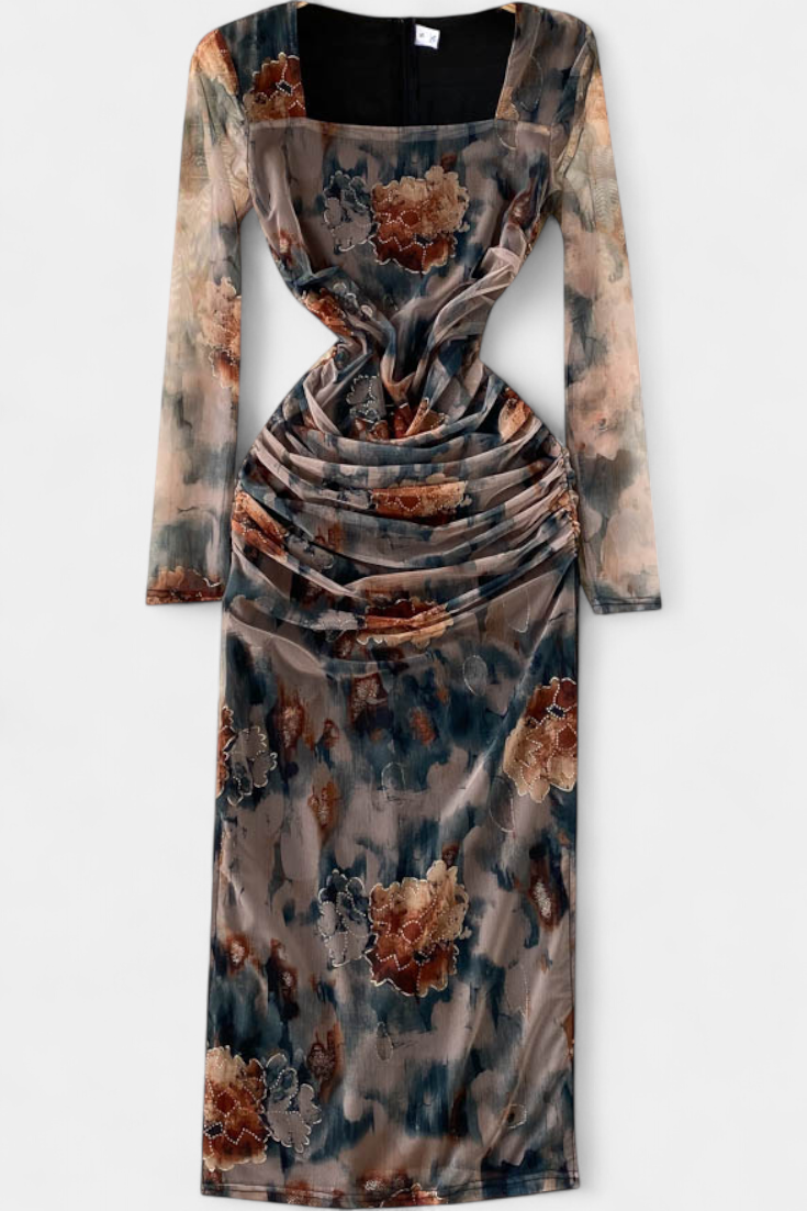 Jaenia Vestido Ajustado con Estampado Floral y Cuello Cuadrado