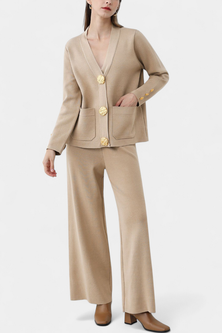 Aireen Conjunto de Punto con Cárdigan y Pantalón de Pierna Ancha