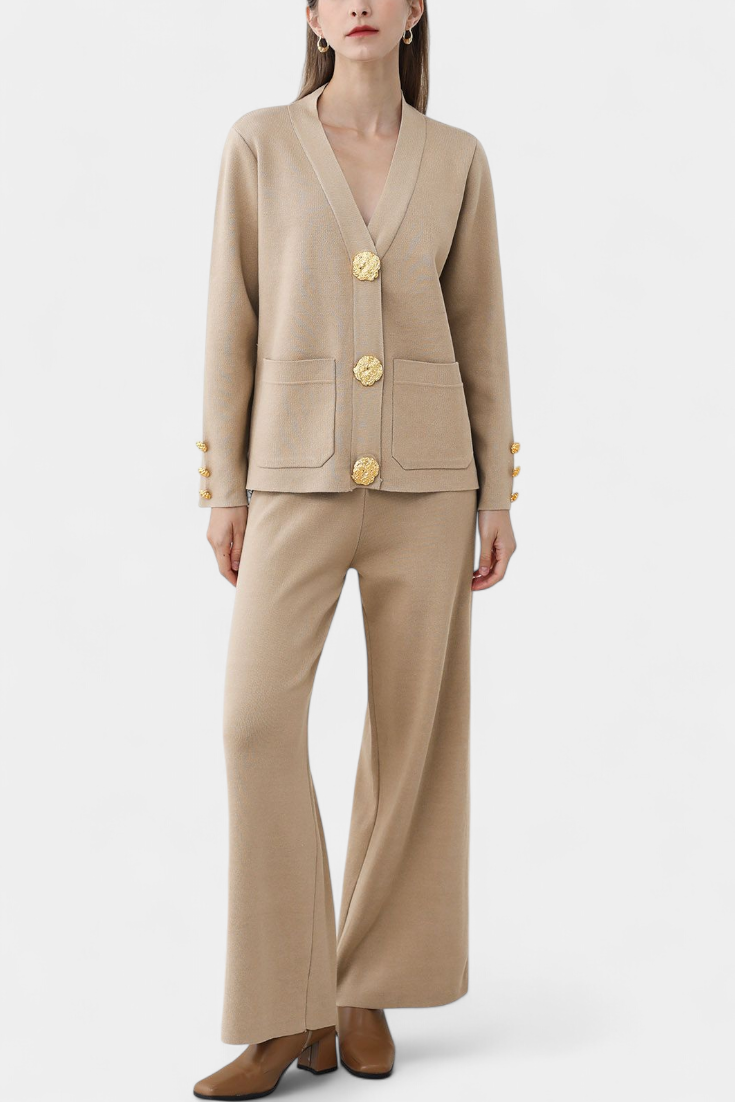 Aireen Conjunto de Punto con Cárdigan y Pantalón de Pierna Ancha