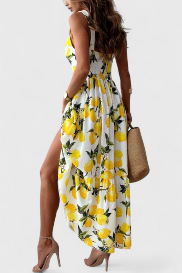 Huda Vestido Maxi Estampado de Limones con Tirantes y Abertura Lateral