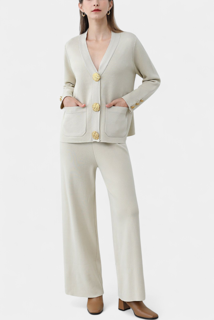 Aireen Conjunto de Punto con Cárdigan y Pantalón de Pierna Ancha