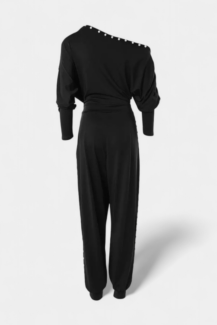 Brina Mono con Hombro Descubierto y Detalles de Perlas