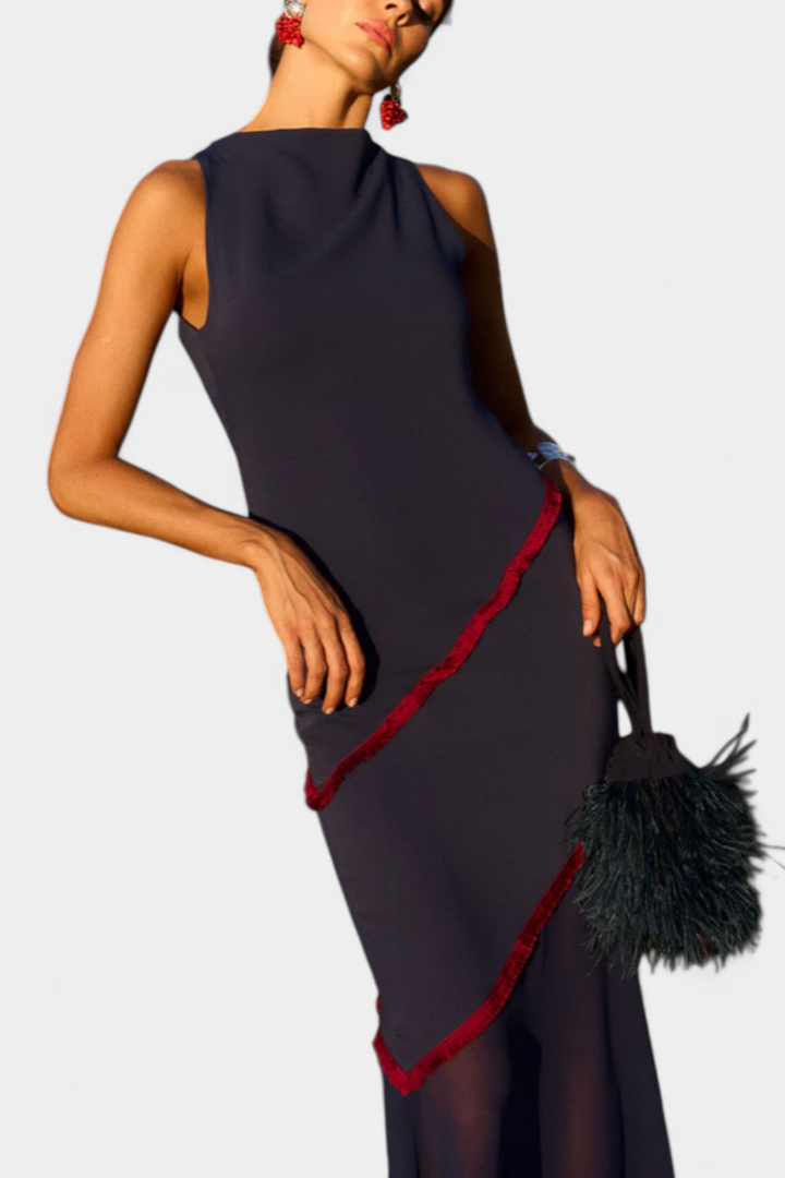 Orfila Vestido Midi Bodycon con Gasa y Flecos a Contraste