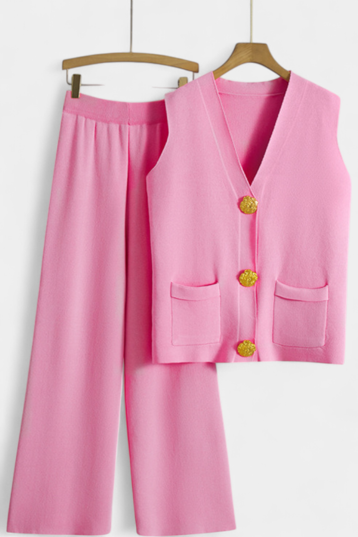 Jacey Conjunto de Punto con Chaleco y Pantalón de Pierna Ancha