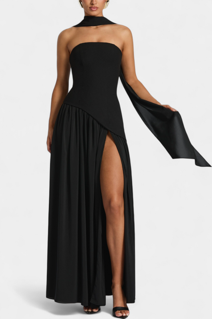 Celaena Vestido Maxi Off Shoulder de Chiffon con Abertura Lateral