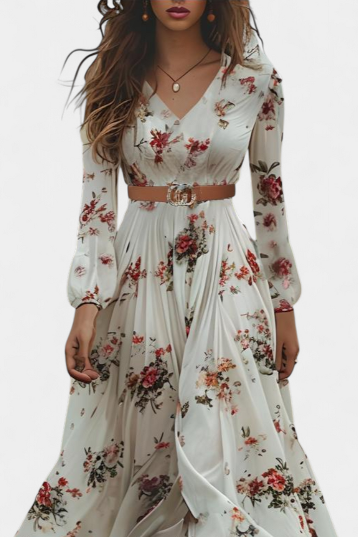 Amanda Vestido Maxi Floral con Cuello en V y Mangas Largas