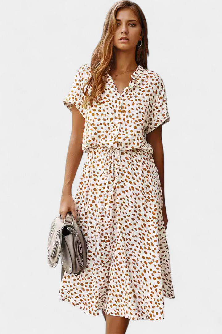 Rovena Vestido Midi de Lunares con Cuello Camisero y Cintura Ajustable