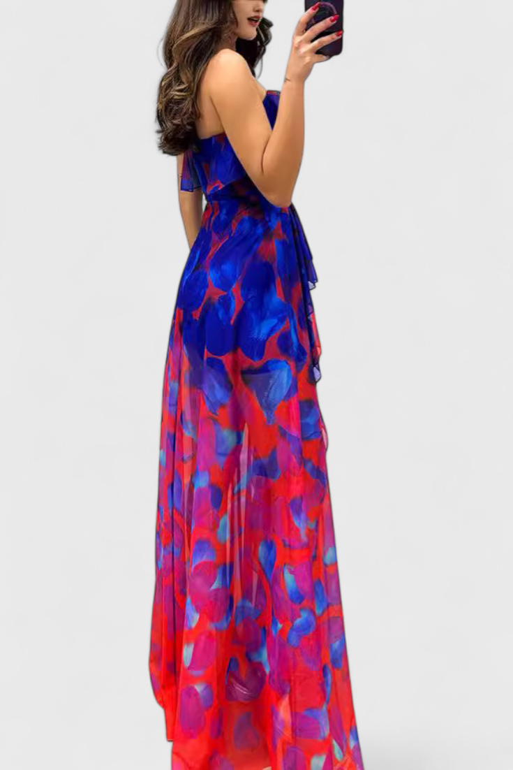 Andy Vestido Maxi Sin Mangas con Capas de Volantes y Abertura Gradiente