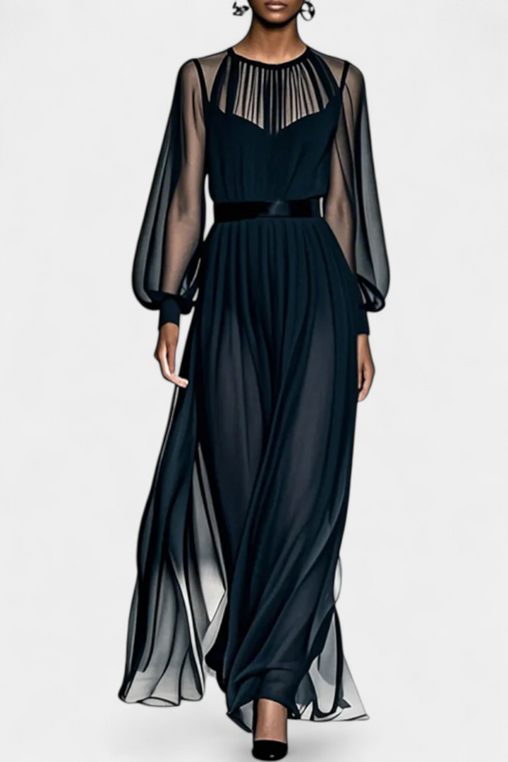 Aurelia Vestido Maxi de Gasa Plisada con Transparencias