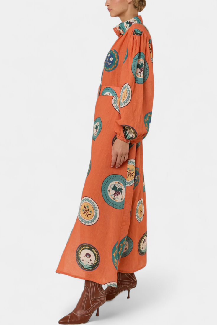 Sibley Vestido Maxi de Lino con Estampado Exclusivo y Cinturón