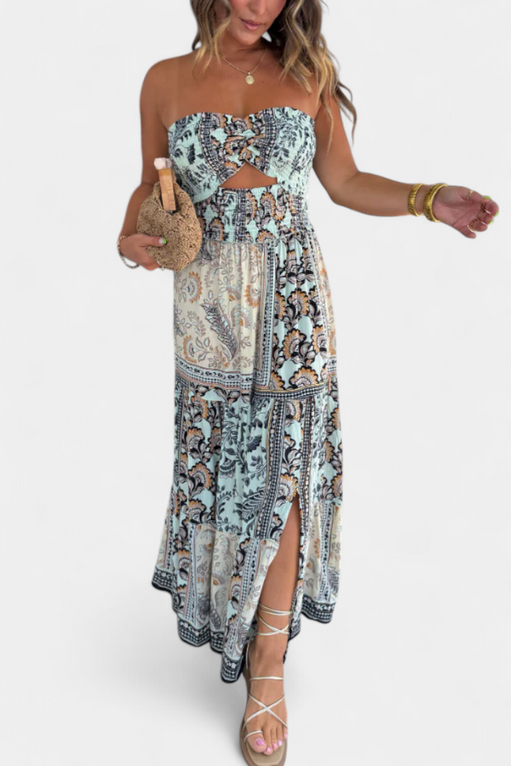 Edurne Vestido Largo Estampado con Escote Palabra de Honor