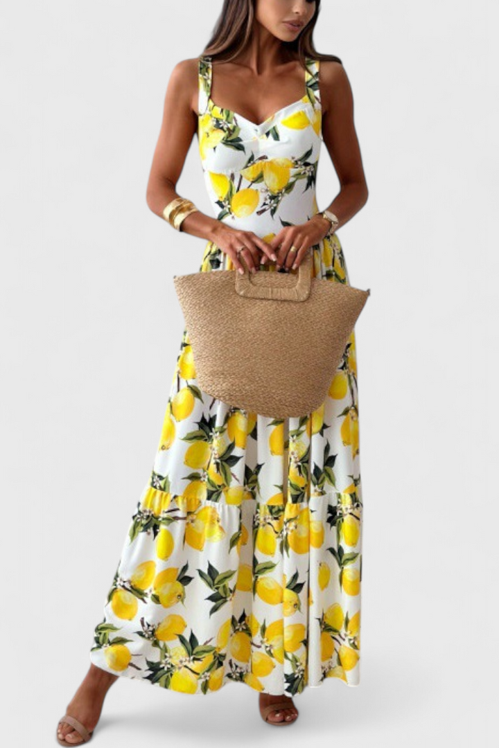 Huda Vestido Maxi Estampado de Limones con Tirantes y Abertura Lateral