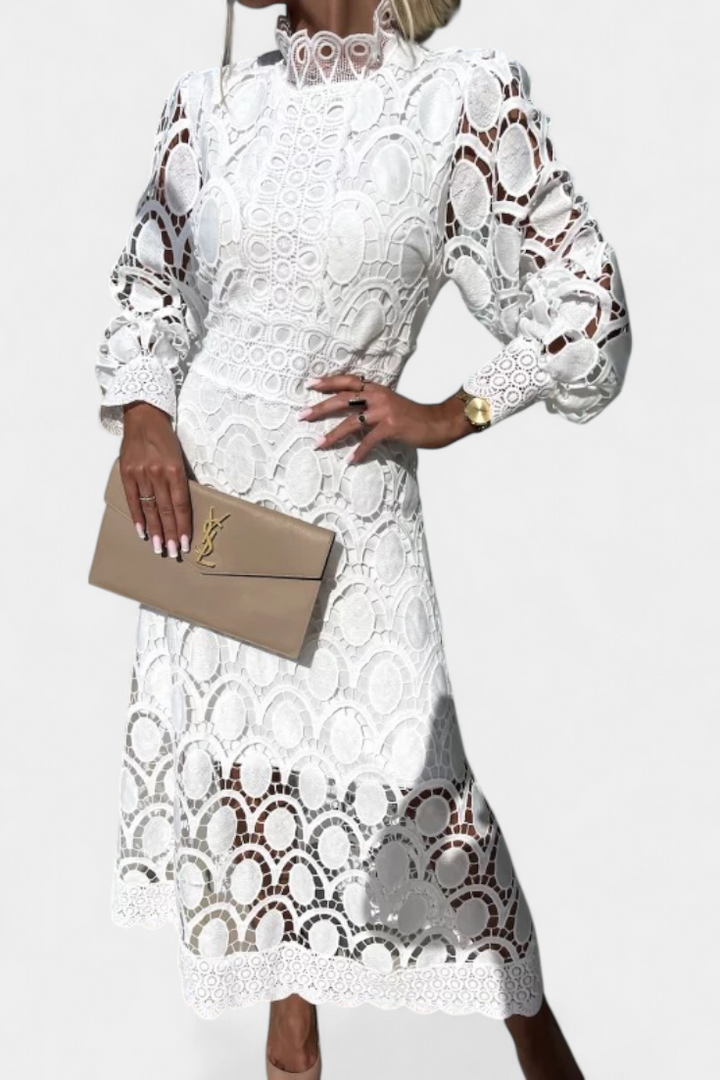 Lucinda Vestido Midi de Encaje con Mangas Farol y Cuello Alto