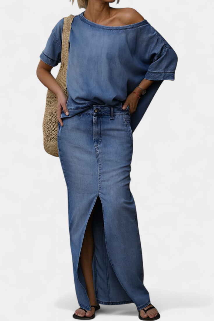 Apolonia Conjunto Vaquero Asimétrico con Abertura Elegante