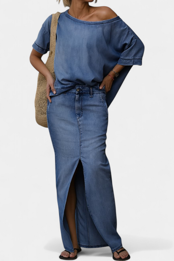 Apolonia Conjunto Vaquero Asimétrico con Abertura Elegante