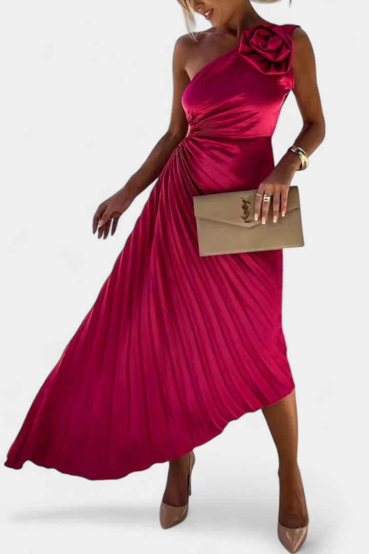 Leire Vestido de Cóctel Asimétrico con Aplique Floral y Falda Plisada