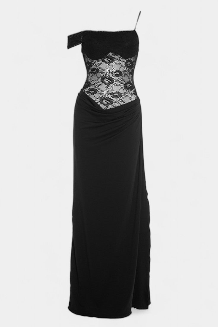 Castanza Vestido Maxi Asimétrico de Encaje con Dobladillo