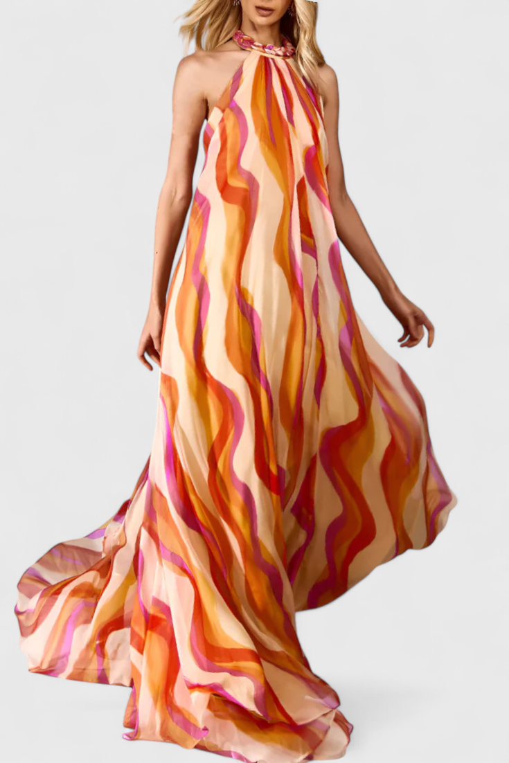Remi Vestido Maxi Halter con Estampado Ondulado y Trenzado Elegante