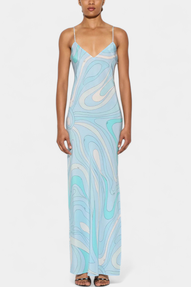 Valera Vestido Largo con Estampado de Remolino y Corte Sin Mangas
