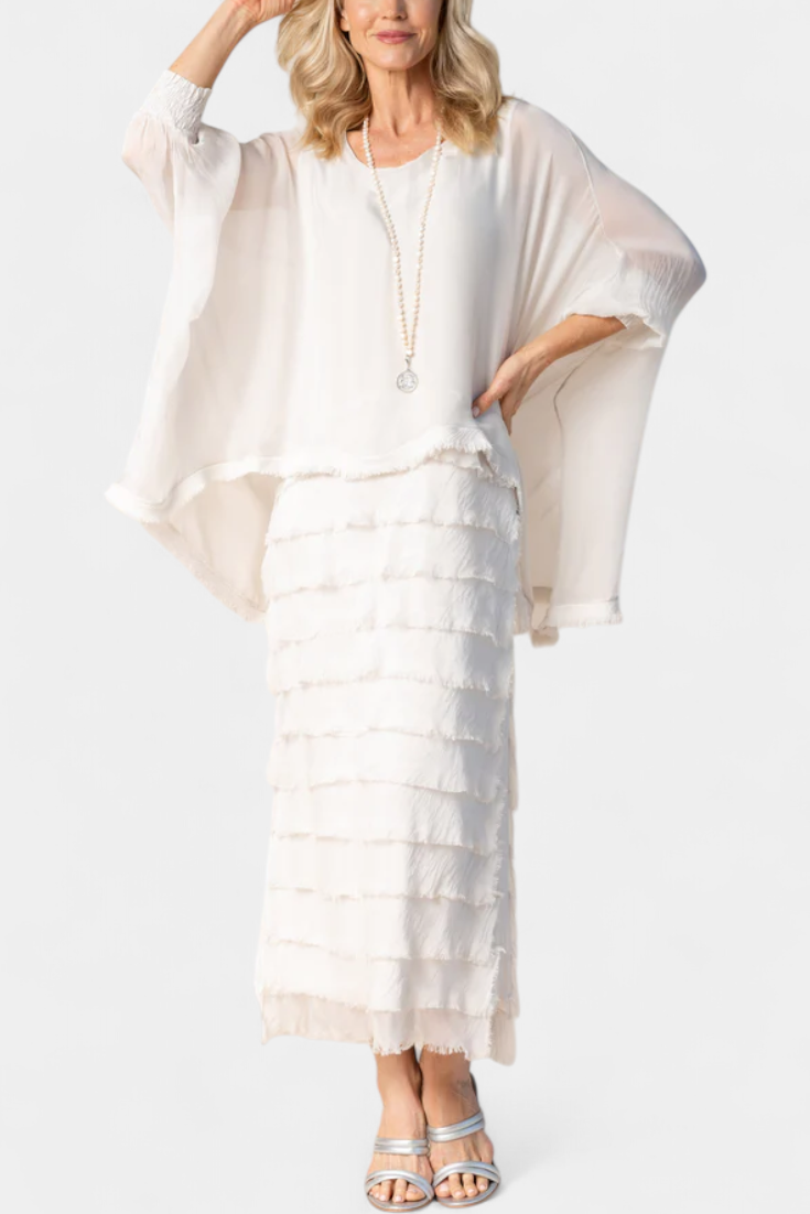 Rosaria Vestido Midi con Volantes y Bordes Deshilachados