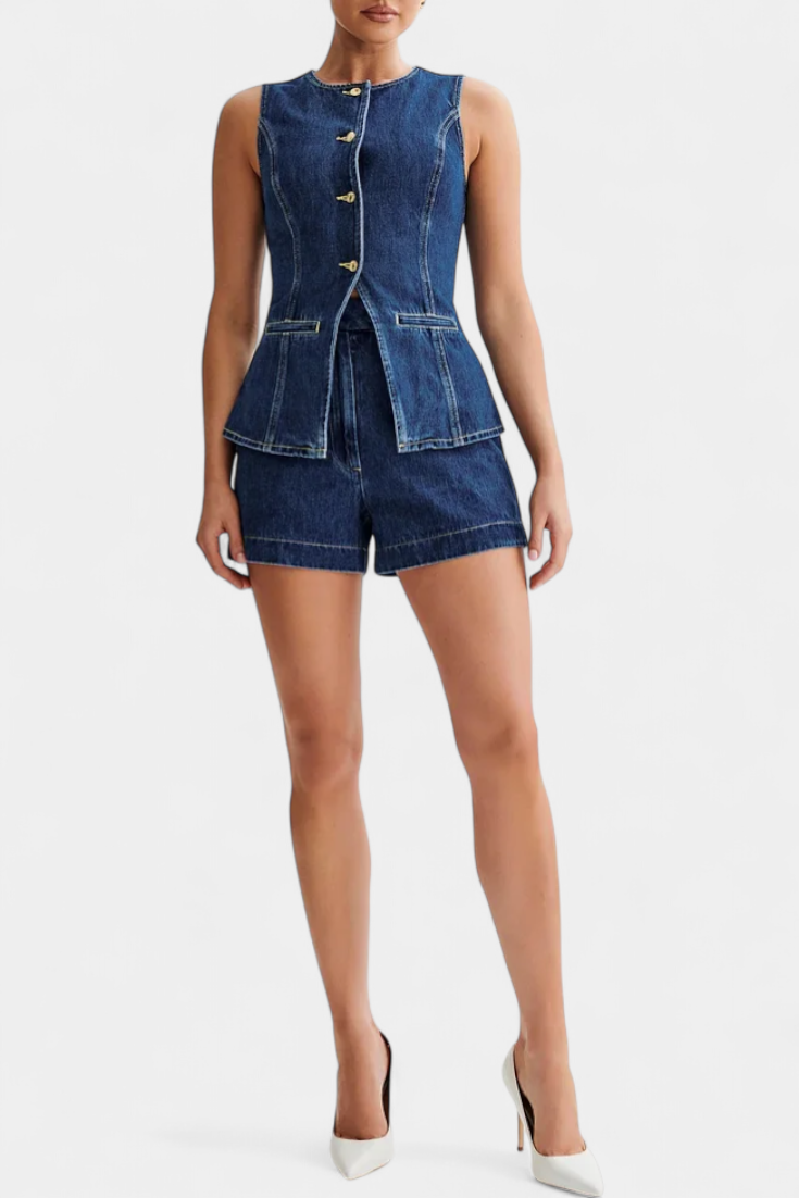 Raya Chaleco Denim sin Mangas y Shorts de Talle Alto