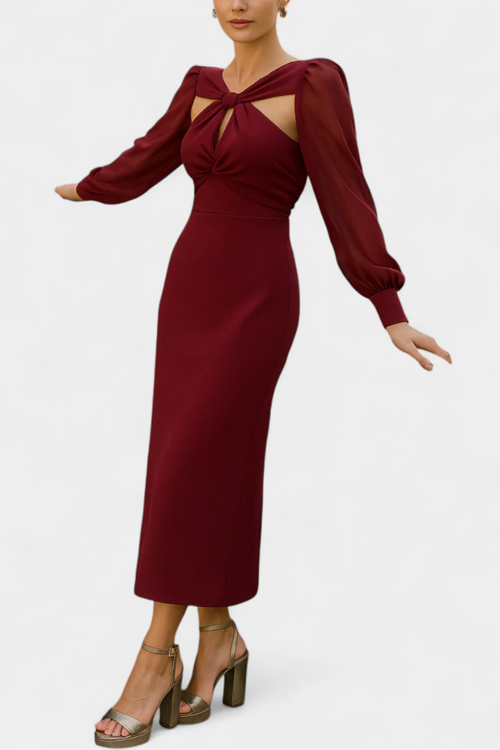 Julissa Vestido Midi Burdeos con Detalle Anudado y Espalda Abierta
