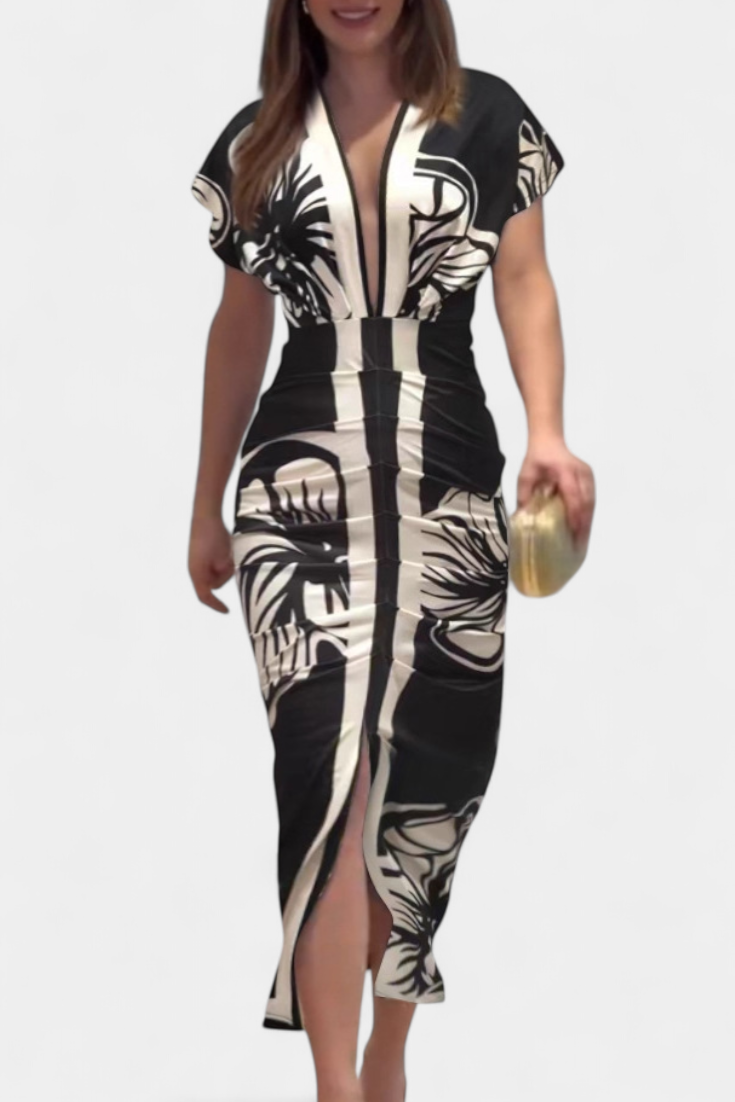 Diva Vestido Largo con Estampado Floral, Escote en V y Abertura Lateral