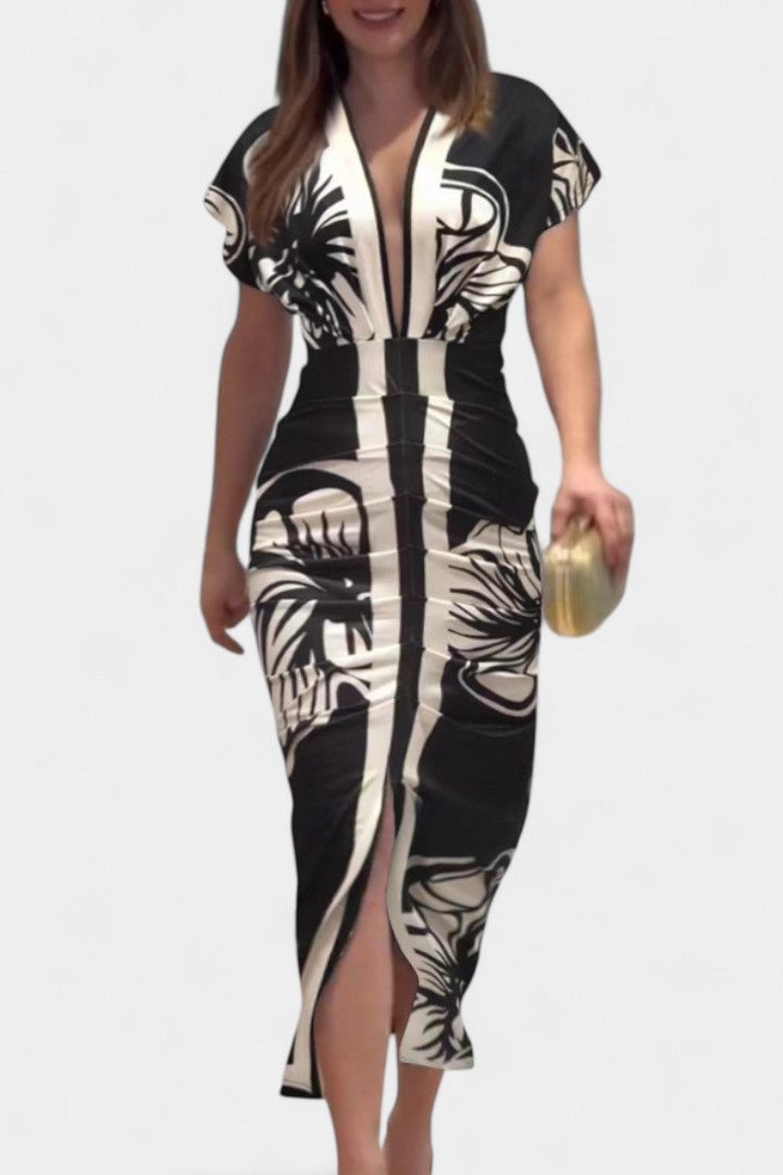 Diva Vestido Largo con Estampado Floral, Escote en V y Abertura Lateral