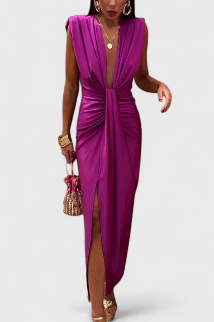 Lakisha Vestido Midi Fruncido con Escote Profundo