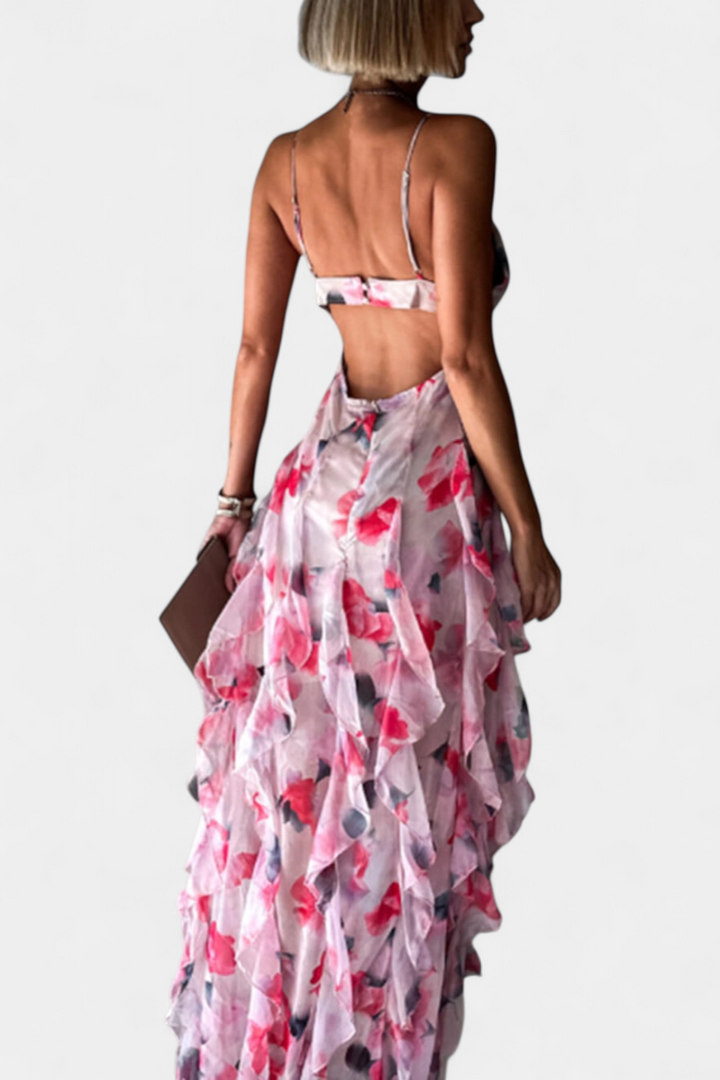 Bonnie Vestido Maxi con Volantes Florales y Corte Lateral