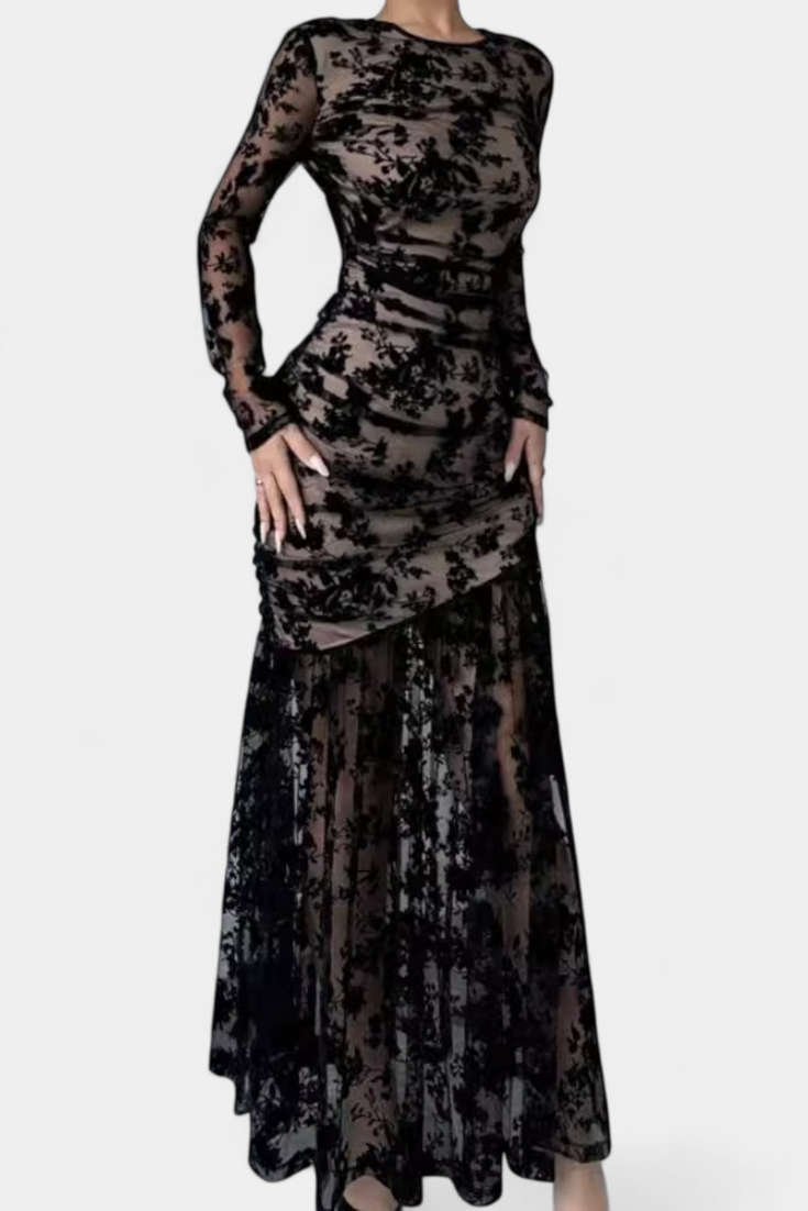 Alvana Vestido Largo Floral de Cuello Redondo