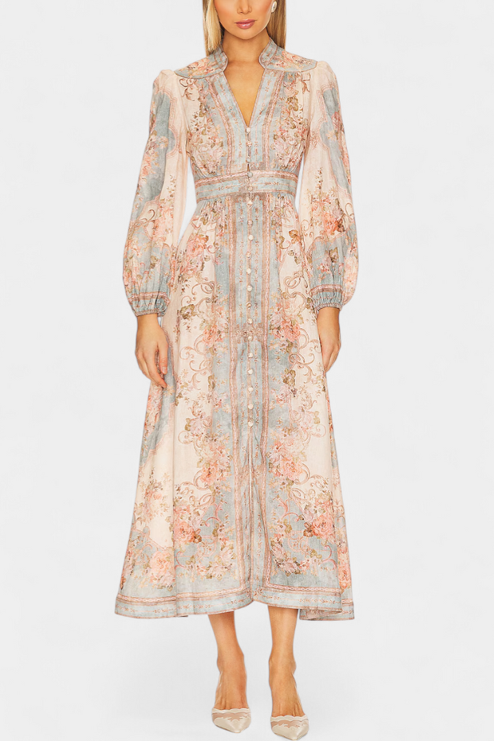 Dorotila Vestido Maxi Acampanado con Estampado Floral, Botones y Mangas Globo