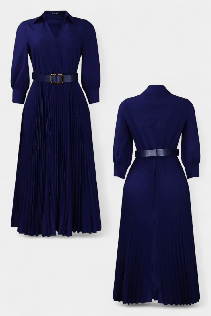 Michelle Vestido Midi con Cuello Sastrero y Cinturón Plisado