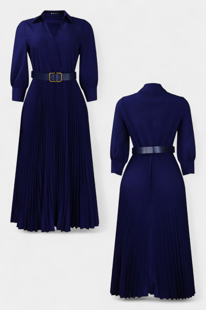 Michelle Vestido Midi con Cuello Sastrero y Cinturón Plisado