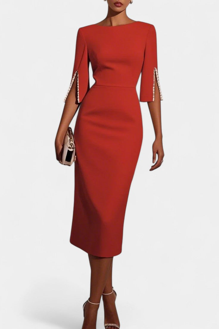 Reece Vestido Midi con Perlas y Cuello Redondo