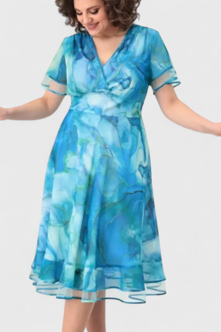 Almira Vestido Azul de Gasa con Estampado Acuarela