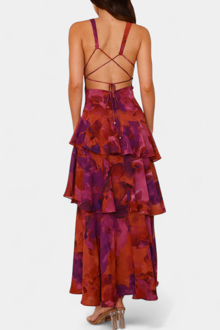 Domenica Vestido de Gasa con Escote en V y Capas Fluidas