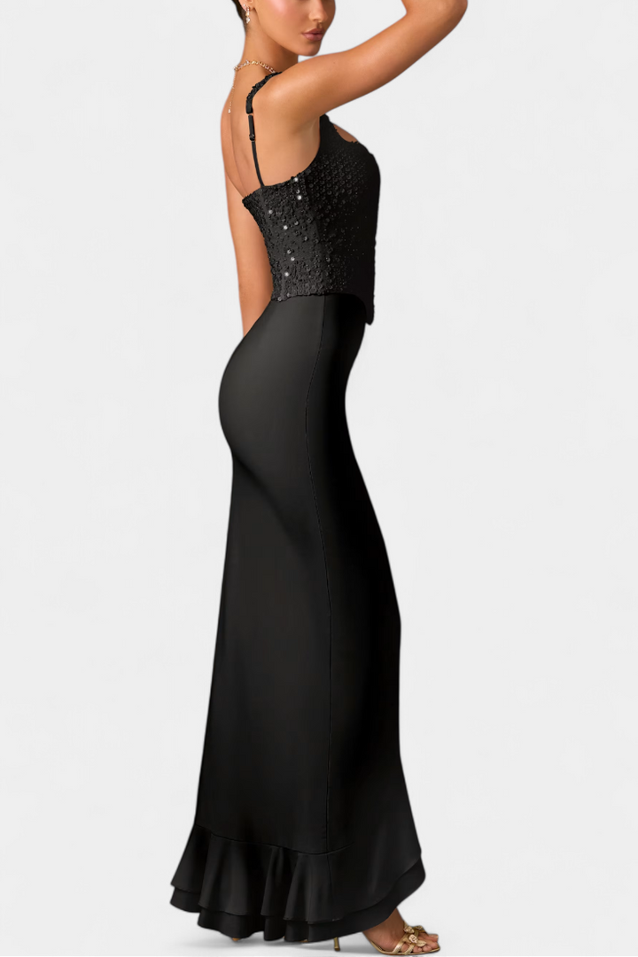 Cindy Vestido Midi Corsé con Volantes Asimétricos