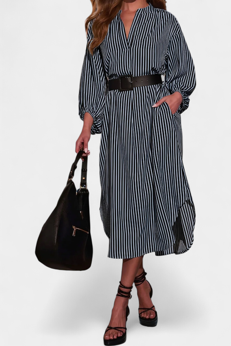 Eliana Vestido Rayado con Cinturón y Cuello de Muesca