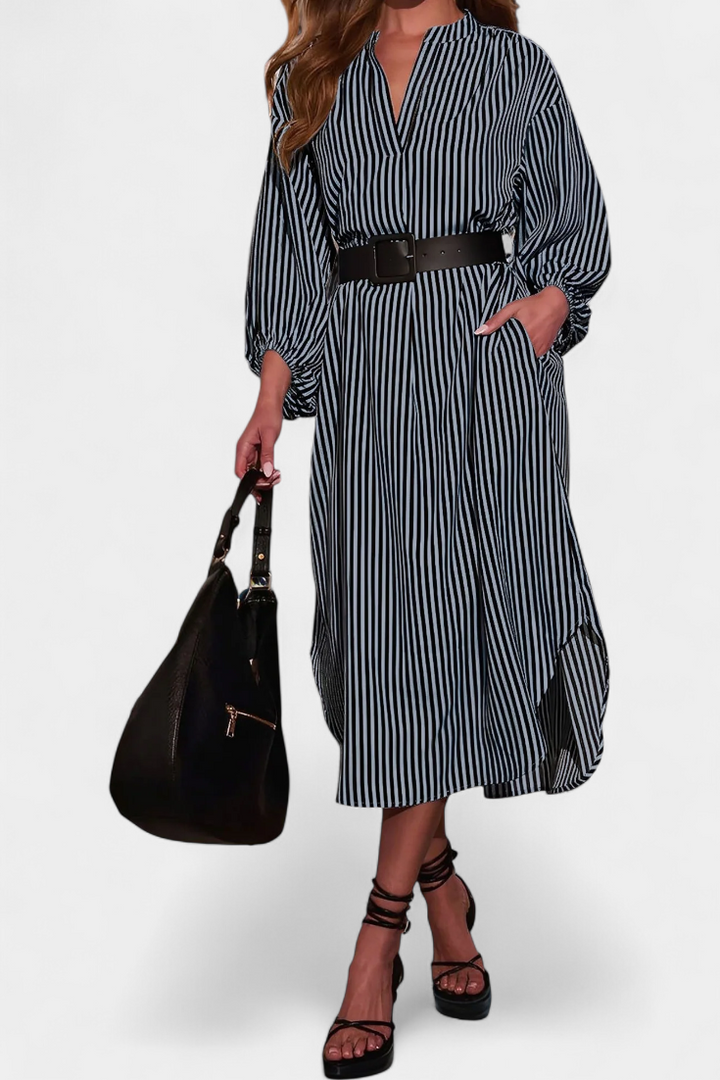 Eliana Vestido Rayado con Cinturón y Cuello de Muesca