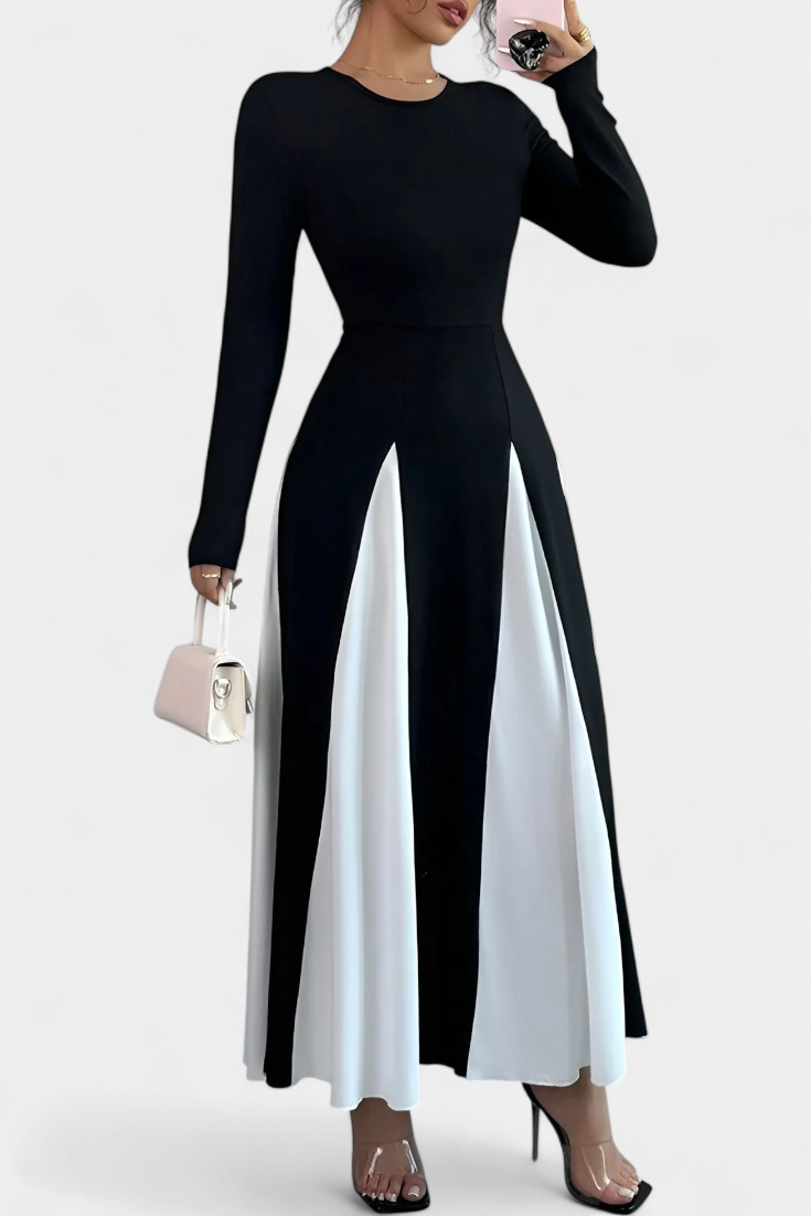 Veronique Vestido Maxi de Manga Larga en Contraste de Color