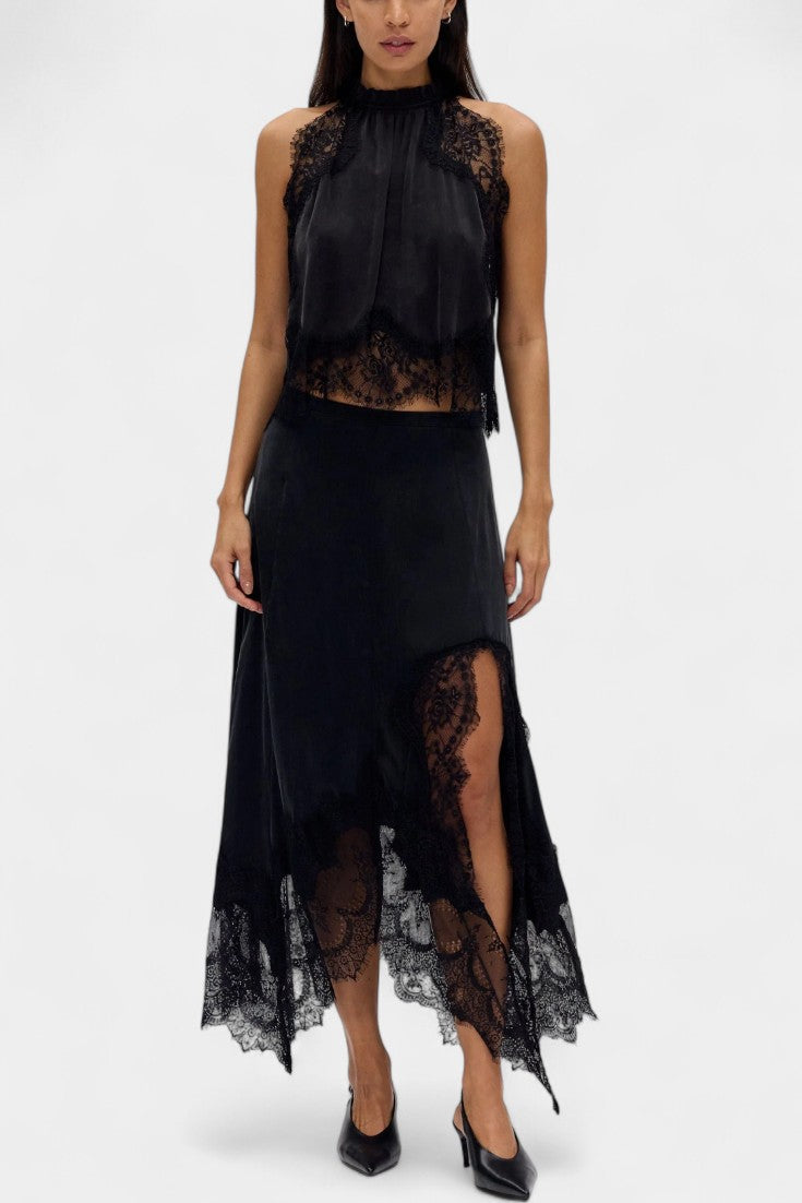 Coralena Conjunto de Falda Midi de Encaje con Dobladillo Asimétrico