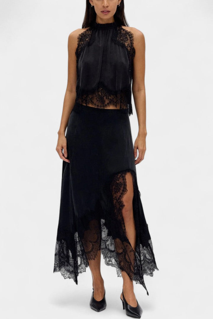 Coralena Conjunto de Falda Midi de Encaje con Dobladillo Asimétrico