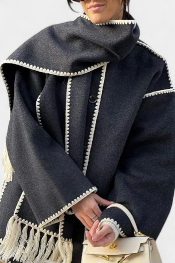 Pauline Abrigo de Corte Suelto con Bufanda de Flecos Incorporada