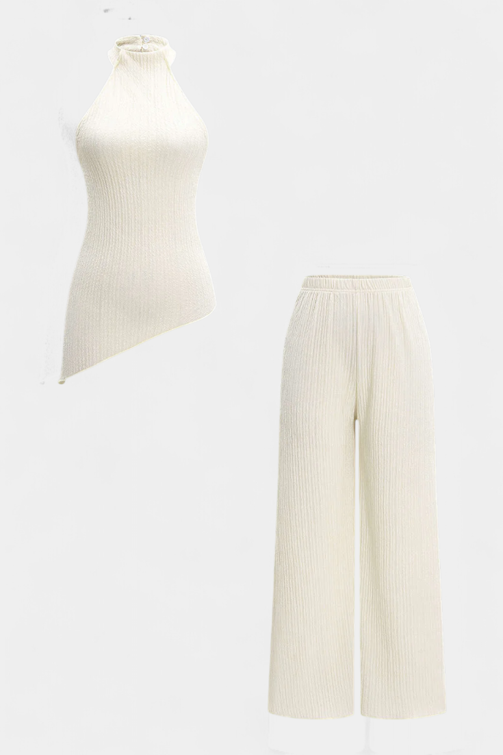 Pilarica Conjunto Plisado con Top Asimétrico Halter y Pantalón Fluido