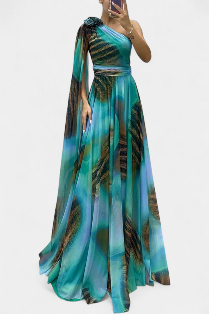 Cedara Vestido Largo de Un Hombro con Detalle Floral