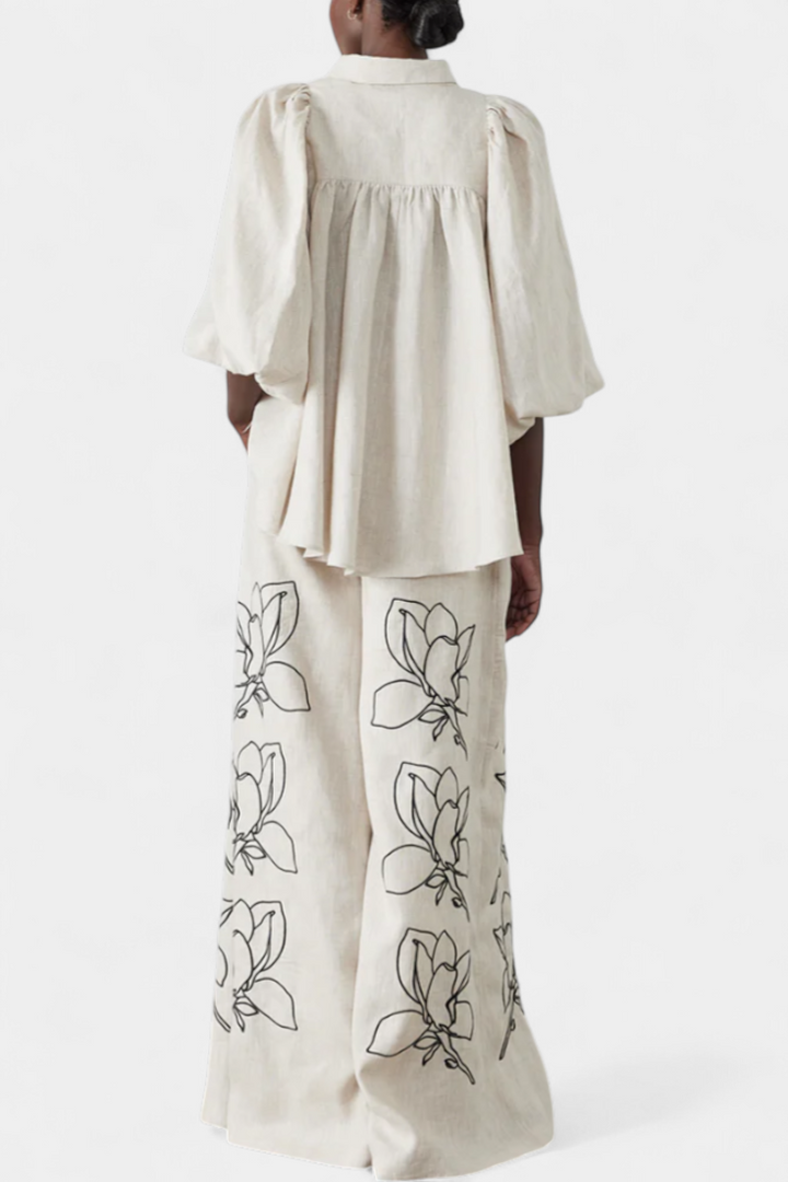 Helen Conjunto Floral de Pantalón Ancho y Manga Globo